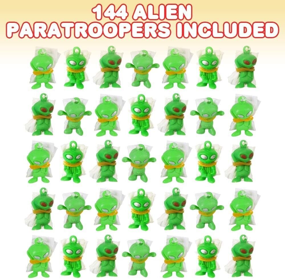 144 Mini Galactic Green Alien Paratrooper UFO Child Kid Parachute Party Toys - 1 gross