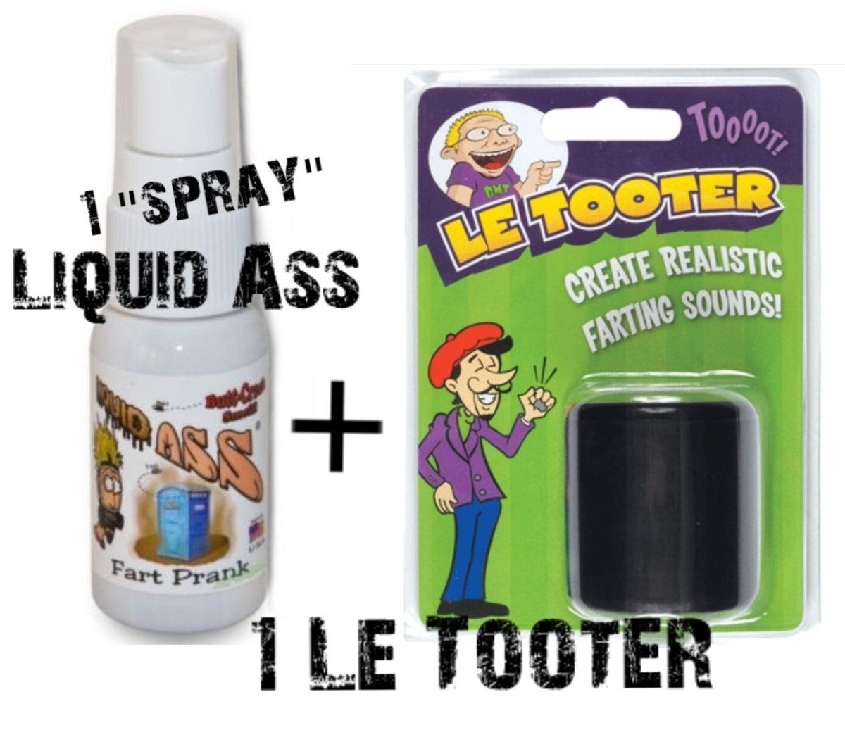 A package featuring "LE TOOTER - fart machine Pooter" with an included "LIQUID ASS SPRAY" sits alongside a cartoon character, ideal for pranksters. Create mayhem with a realistic fart noise maker and take your pranks to the next level of hilarity!