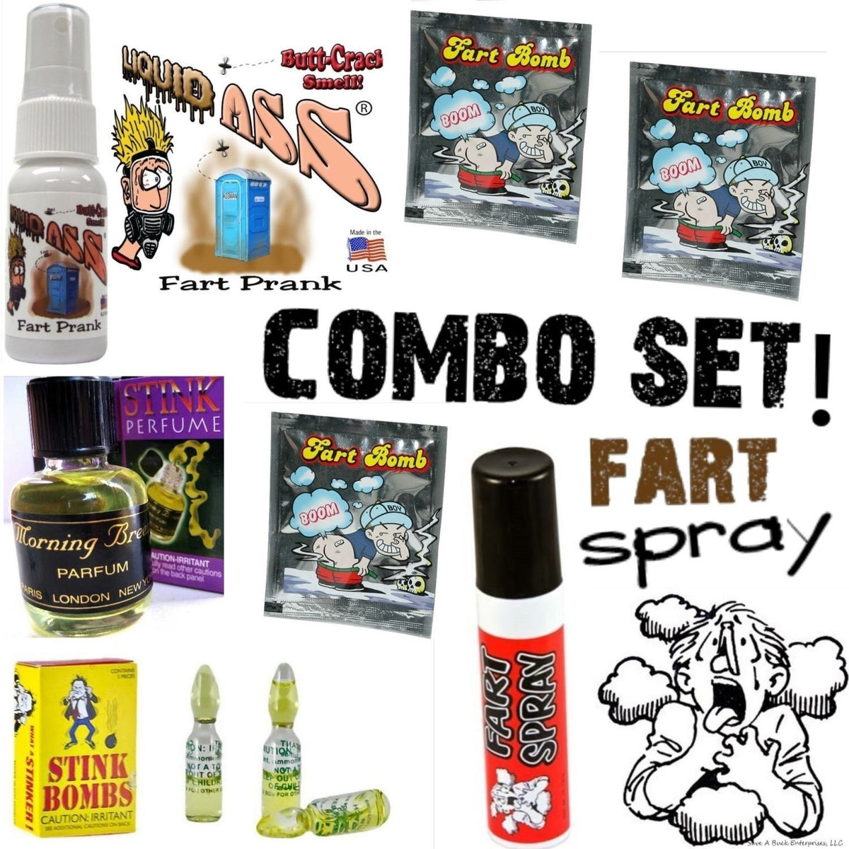 1 Liquid Ass + 3 Stink Bombs + 1 Fart Spray Can + 1 Stink Perfume + 3 Fart Bombs