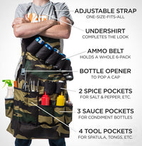 Person wearing THE GRILL SERGEANT BBQ APRON with an adjustable strap, undershirt, ammo belt for a six-pack, bottle opener, 2 spice pockets, 3 sauce pockets, and 4 tool pockets. This apron makes a fun gag gift for any backyard chef.