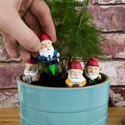 A hand places one of the 4-pk Mini Plant Pot Gnome Statues, featuring a blue pot and green plant, surrounded by three other cheerful gnomes. These Cute Garden Planter Marker Decorations add charm to any space, perfect as an outdoor gift against a brick wall backdrop.