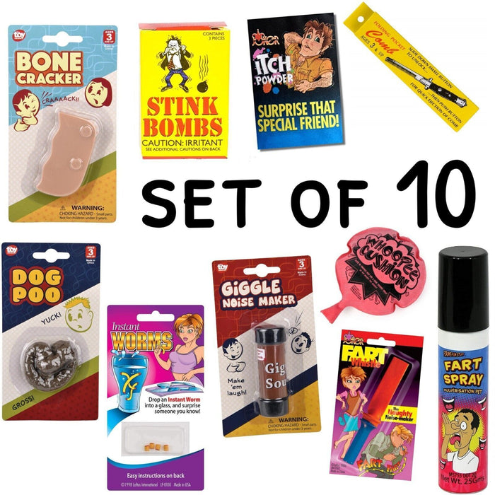 10 GaG's & Pranks - Ultimate Set - Fart Spray-Itch-Poo-Stink Bombs-Whistle-Etc.