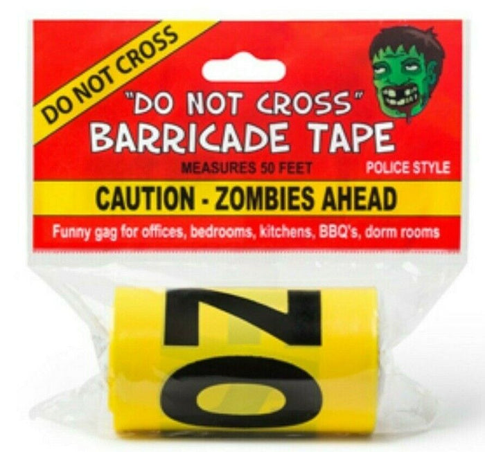 A package of yellow "Caution-Zombies Ahead - Crime Scene Police Tape," marketed as a humorous Halloween accessory perfect for various settings such as offices, kitchens, and dorm rooms; ideal for Walking Dead fans looking to add a touch of spooky fun.