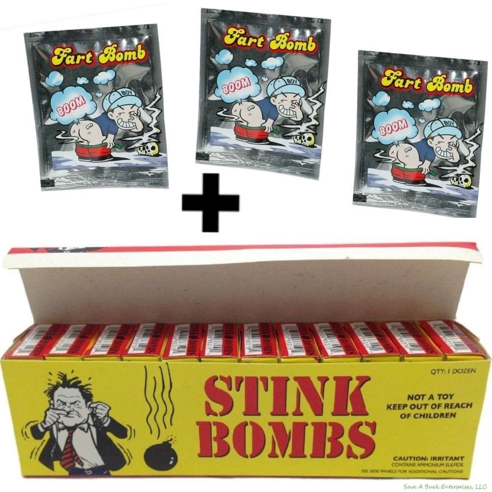 Image showing three individual Fart Bomb packets plus an open box labeled "1 CASE OF 36 STINK BOMBS" containing several boxed stink bombs. Warning text indicates they are not toys, but rather prank items and should be kept away from children.