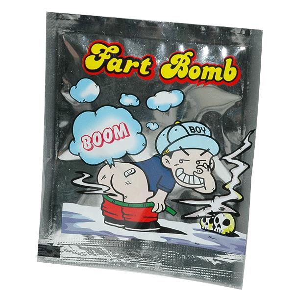 A prank item foil packet from the combo set "1 CASE OF 36 STINK BOMBS + 3 FART BOMB BAGS," labeled "Fart Bomb," featuring a cartoon character with pulled-down pants emitting gas and the word "BOOM" in a cloud.