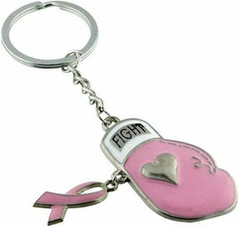 2 "FIGHT" Pink Boxing Glove Breast Cancer Awareness Key chain w/ Ribbon charm