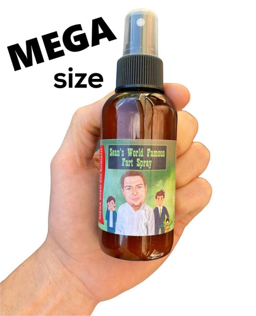 A hand holds a mega-sized SEAN'S FAMOUS FART SPRAY 4 oz bottle, cleverly labeled with cartoon characters hinting at this goofy giggle-inducing prank's stinky potential.