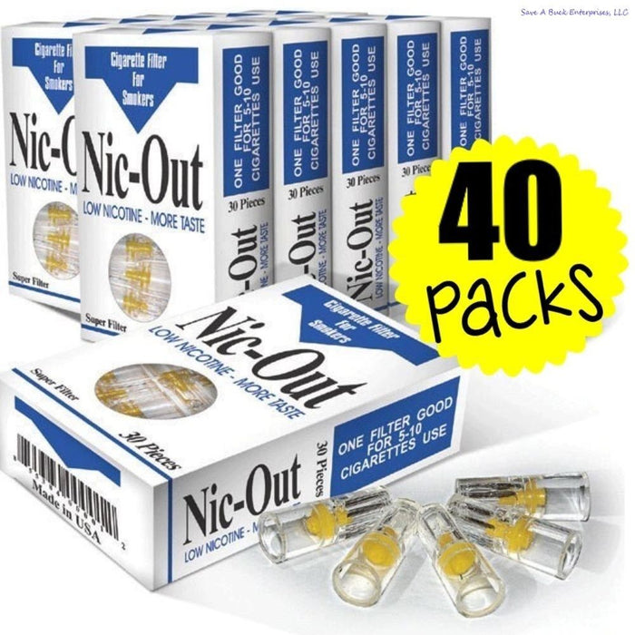 Image of Nic Out Disposable Cigarette Plastic Filter Covers, featuring 40 packs containing a total of 1,200 filters. These cigarette filters claim to provide low nicotine and more taste, making them an excellent aid for smoking cessation. Each filter is suitable for use with 5-10 cigarettes.