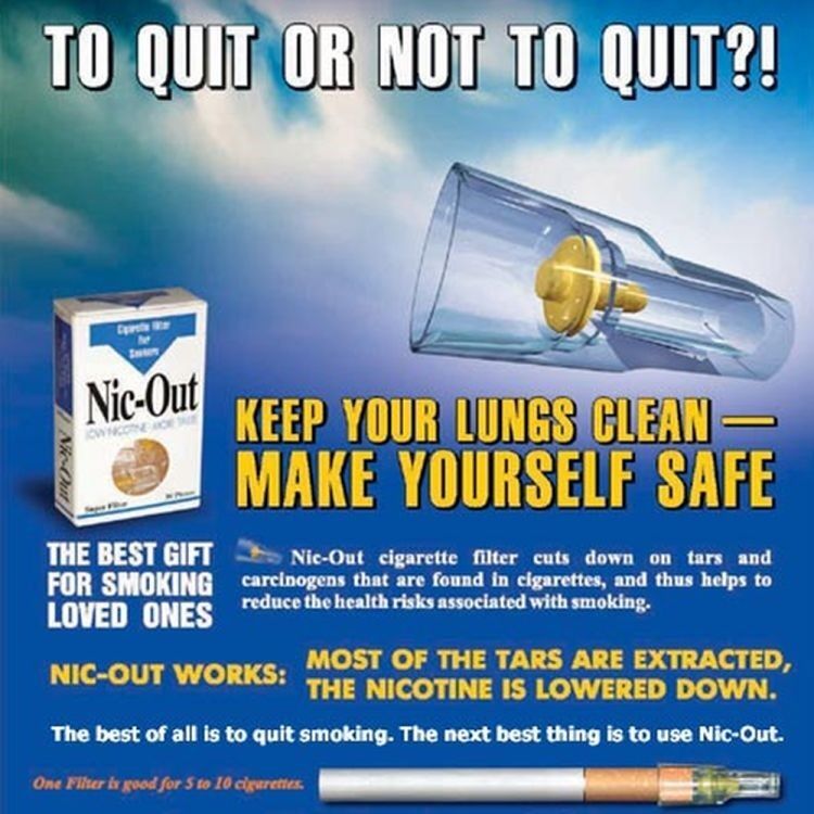 Advertisement for the 40 Packs Nic Out Disposable Cigarette Plastic Filter Covers (1,200 filters) highlighting its benefits. This innovative filter reduces tar and harmful chemicals in cigarettes, supports smoking cessation efforts, and helps lower associated health risks.