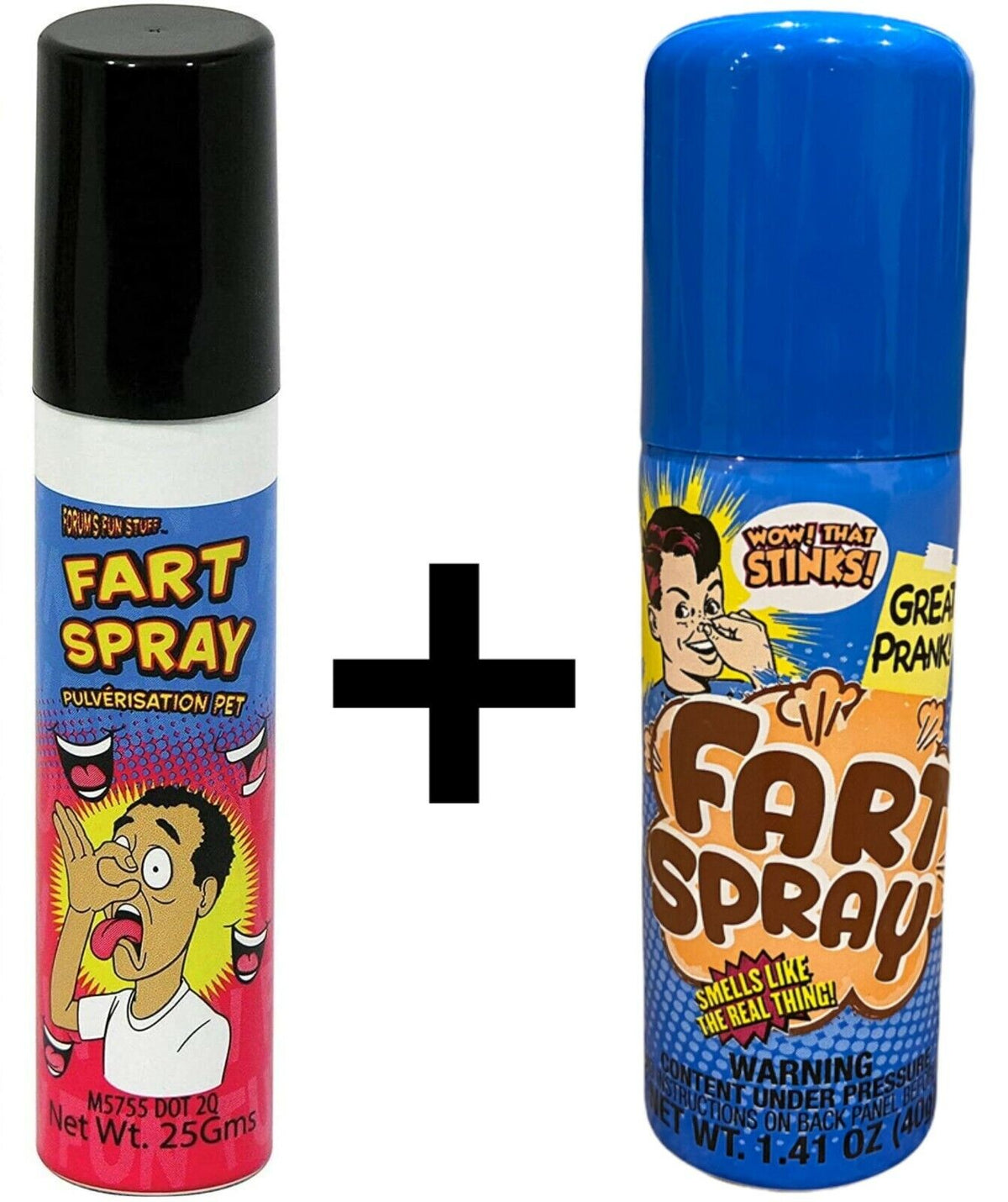 The Combo Set of 2 Fart Spray Cans - Gag Prank Joke Set includes two high-quality fart spray cans. The can on the left features a black cap and emphasizes its pulverization feature, while the can on the right is perfect for prank gifts, sporting a blue cap and highlighting its prank aspect. Both cans are adorned with colorful, cartoonish labels.