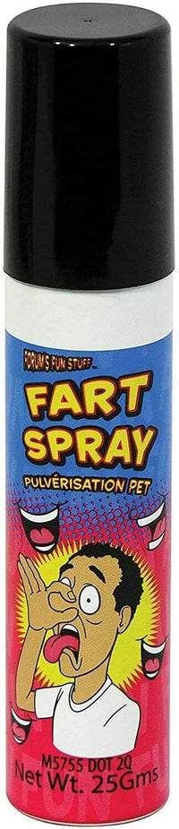 A combo set of 2 "Forum's Fun Stuff Fart Spray" cans, each featuring a cartoon of a shocked man and labeled "Pulvérisation Pet," with a net weight of 25 grams. This high-quality gag prank joke set is perfect for any trickster.