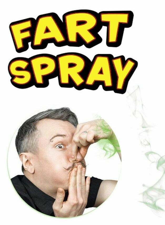 A man holding his nose with the text "Combo Set of 2 Fart Spray Cans - Gag Prank Joke Set" in bold letters above him and a puff of green gas to the side, making it clear this high-quality prank gift is perfect for laughs.