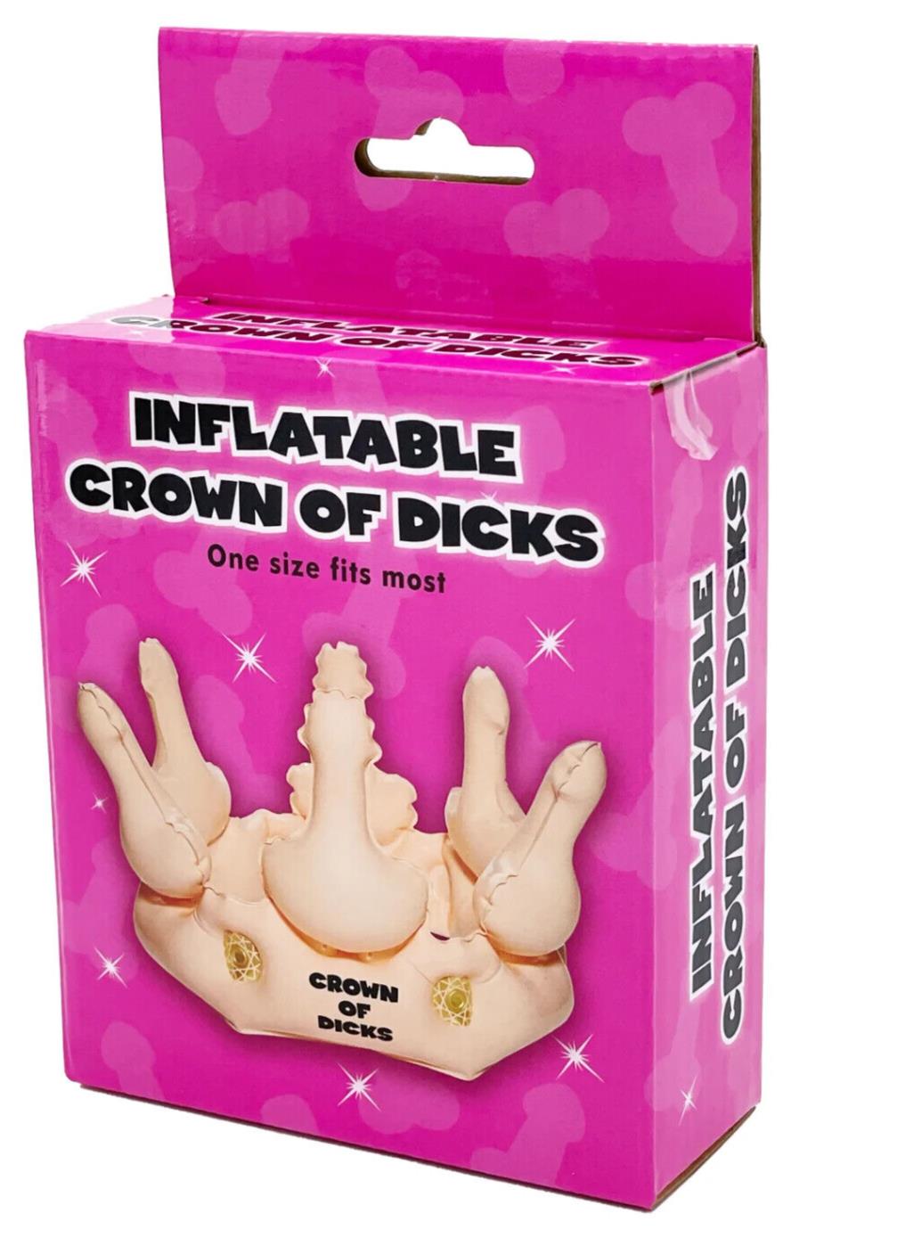 A pink box labeled "Inflatable Crown of Dicks - Funny Adult Bachelorette Hen Party Gag Joke Hat Gift" features an image of the beige inflatable crown adorned with several phallic shapes. Perfect as a hilarious gift for a bachelorette party, the text on the box reads "One size fits most.