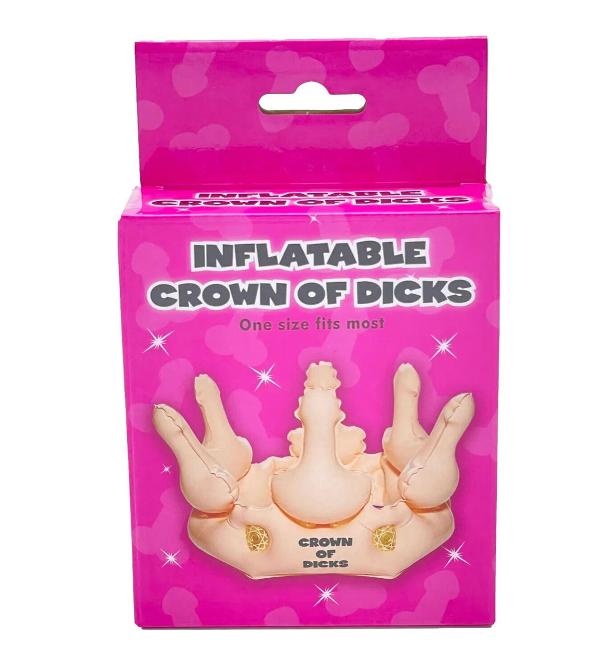 A pink box displays the product name "Inflatable Crown of Dicks - Funny Adult Bachelorette Hen Party Gag Joke Hat Gift" alongside an image of an inflatable crown shaped like multiple male genitalia. Perfect for any bachelorette party, this hilarious gift comes in one size that fits most.