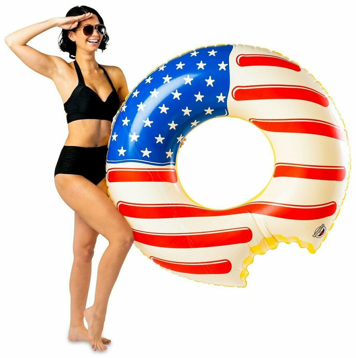 Americana Frosted Donut Pool Float - Inflatable USA Flag Blow Up Swimming Tube