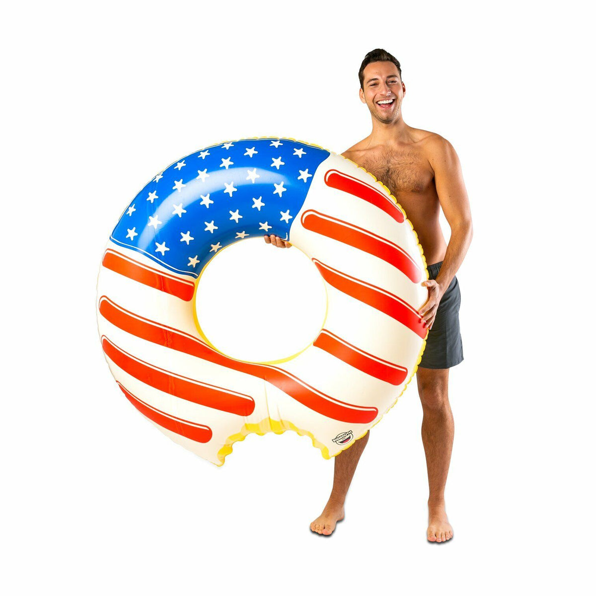 Americana Frosted Donut Pool Float - Inflatable USA Flag Blow Up Swimming Tube