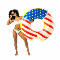 Americana Frosted Donut Pool Float - Inflatable USA Flag Blow Up Swimming Tube