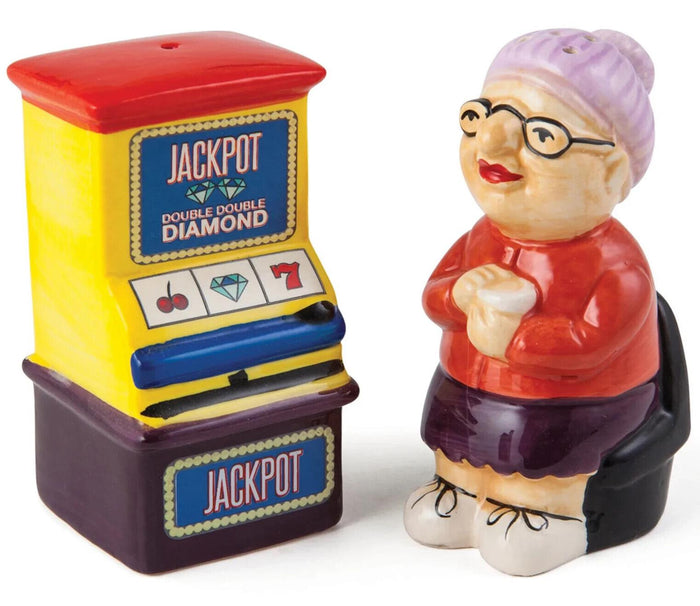 Gamblin Granny Salt &amp; Pepper Shaker Casino Jackpot Vegas Machine à sous DÉFECTUEUSE