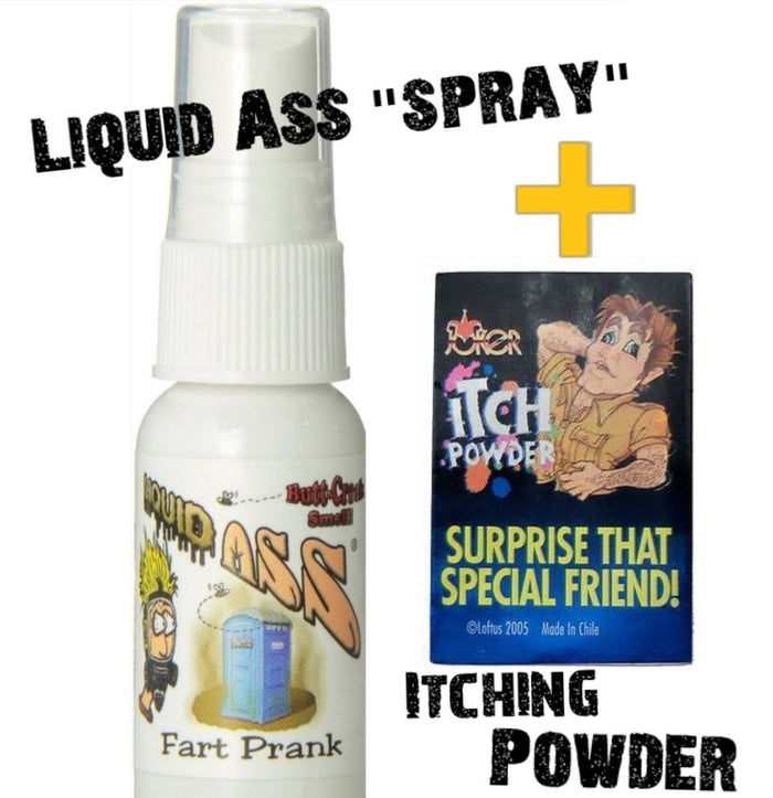 Image of Liquid Ass spray and a package of itching powder with text: "Surprise that special friend!" plus "Liquid Ass spray + Itching Powder ~ ( COMBO ) - the ultimate fart prank duo!