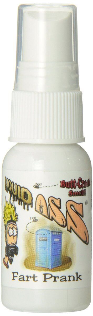 A small white spray bottle labeled "Liquid Ass spray + Itching Powder ~ (COMBO)" with cartoon graphics and the text "Butt-Crack Smell," perfect for a hilarious fart prank.