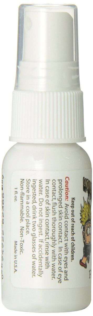 The Liquid Ass spray + Itching Powder combo comes in a small white bottle equipped with a spray nozzle. The label clearly states that it is a non-flammable, non-toxic product, made in the USA, with a volume of 1 fl. oz., and includes safety precautions. Perfect for a fart prank, this harmless formula ensures an unexpected twist to any joke.