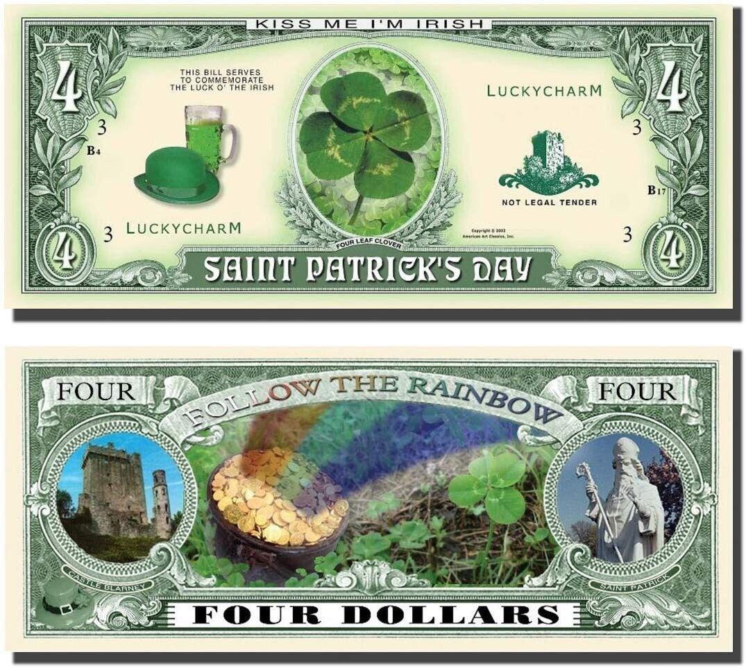 A set of 1,000 St. Patrick's Day Four Leaf Clover $4 Money Bills features a decorative design with a shamrock, leprechaun hat, rainbow, pot of gold, castle, and an elderly man with a staff. This novelty money bill proudly displays the lucky Irish Clover and includes the disclaimer "Not Legal Tender." It is available for purchase as part of a wholesale lot.