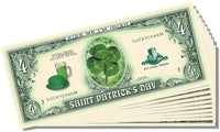 Introducing the Set of 1000 - St. Patrick's Day Four Leaf Clover 4 Dollar Money Bill Lucky Note: A novelty bill themed for Saint Patrick's Day, featuring green beer and a four-leaf clover, labeled "LuckyCharm" with a denomination of 4. Text reads "Kiss Me I'm Irish" and "Not Legal Tender." Perfect for those seeking a wholesale lot of novelty money bills to celebrate with a lucky Irish Clover touch.