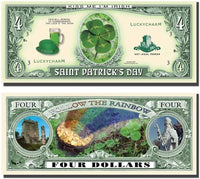 A novelty bill themed for St. Patrick's Day features clovers, a top hat, a castle, a rainbow, and St. Patrick with text including "KISS ME I'M IRISH," "LUCKYCHARM," and "FOLLOW THE RAINBOW." This unique 10 St. Patrick's Day Shamrock Irish Four Leaf Clover $4 Dollar Money Lucky Bill is perfect as party favor gifts or to celebrate with some novelty lucky Irish clover flair.