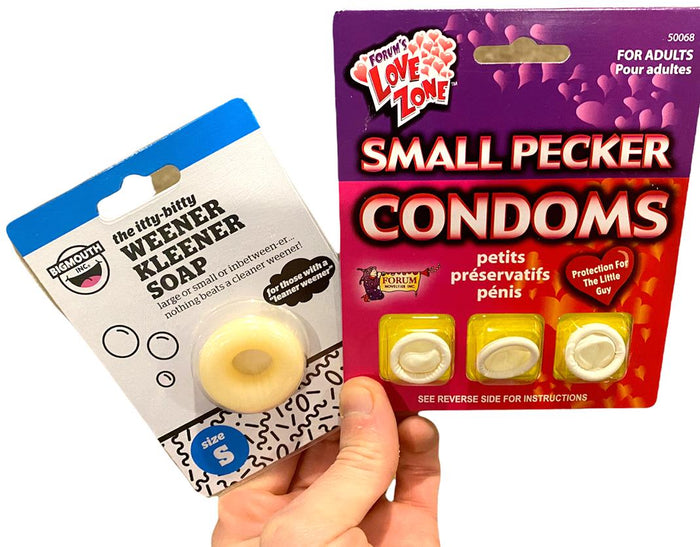 Small Pecker Condoms & Mini Willy Weener Cleaner Soap - Adult Gag Joke Gift Set