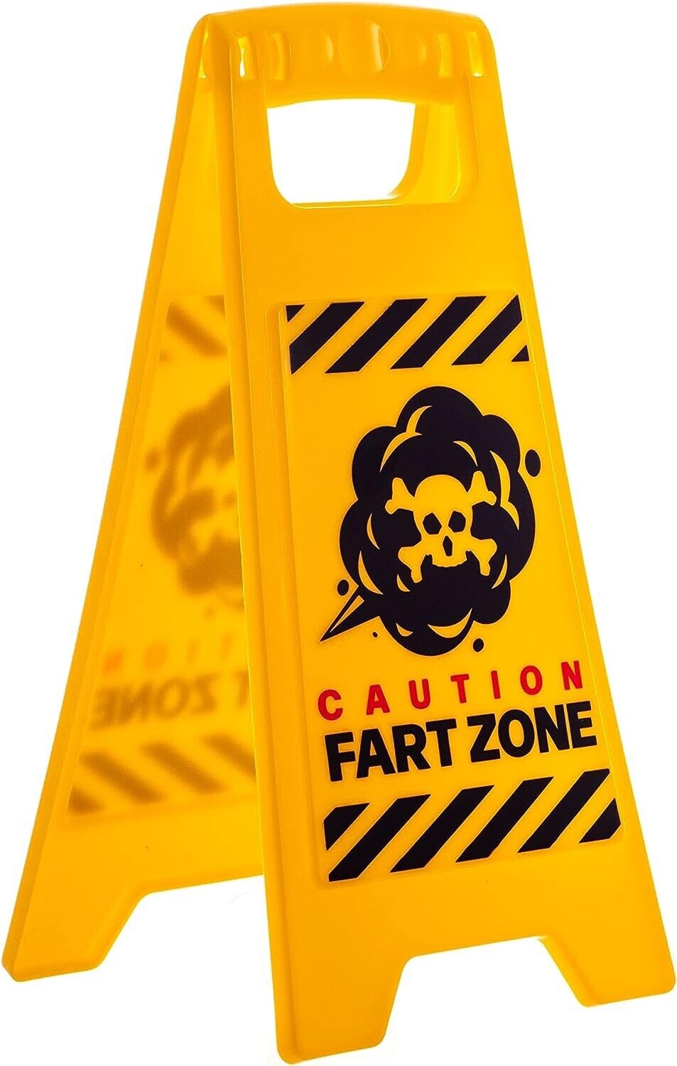 The Fart Zone Desk Warning Sign, labeled "Caution Fart Zone," features a yellow caution sign with an illustration of a skull inside a cloud, resembling a hazard sign. It's the perfect gag gift for fans of toilet humor and makes for a hilarious office accessory.