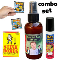 A combo set containing a bottle of Sean's World Famous Fart Spray, two Fart Bombs, a box of three Stink Bombs, and a can of Forum's Fart Spray for the ultimate prank experience.