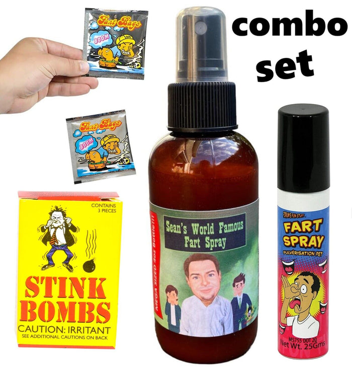 A combo set containing a bottle of Sean's World Famous Fart Spray, two Fart Bombs, a box of three Stink Bombs, and a can of Forum's Fart Spray for the ultimate prank experience.