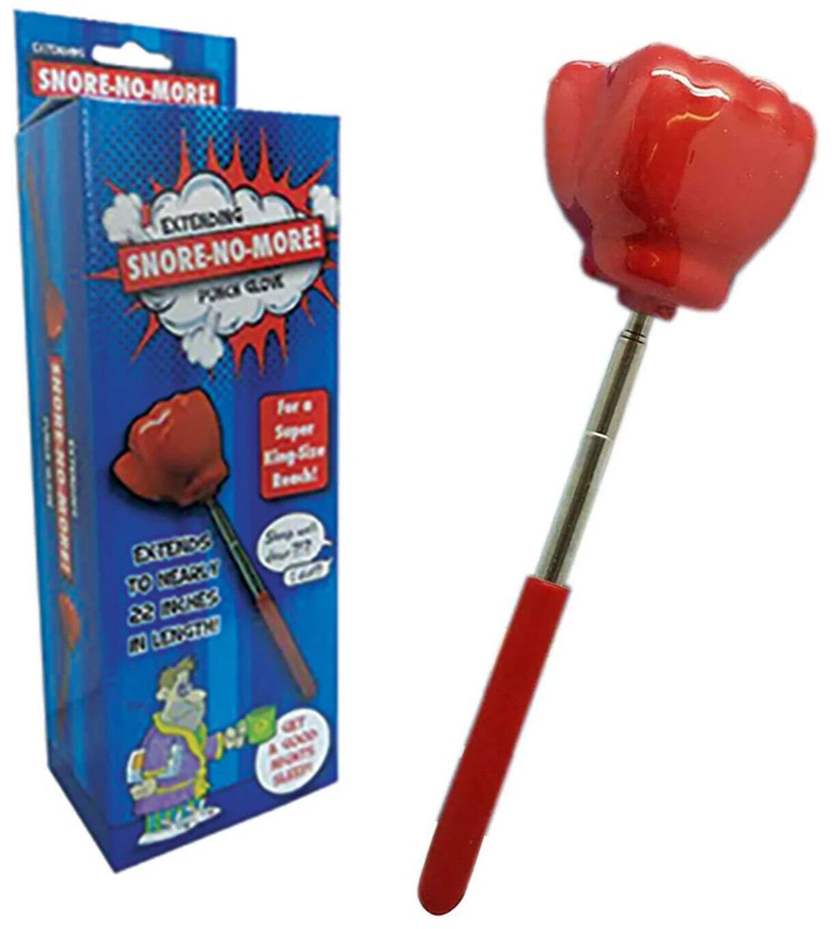 A red, extendable fist-shaped back scratcher, ideal for a gag gift, is displayed next to its "Snore-No-More! Punch Glove" packaging featuring cartoon art. This doubles as the Giant 22" Extending Boxing Punch Glove for playful moments.