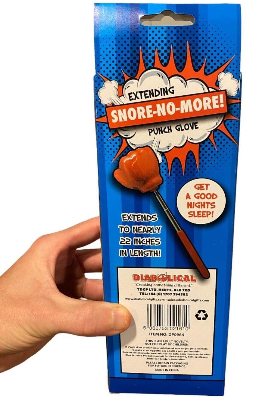 The packaging for the Giant 22" Extending Boxing Punch Glove - Snore-no-More! Funny Gag Prank Joke Toy features playful cartoon graphics and highlights its impressive 22-inch extension. Perfect as a gag gift, it includes a hand on the box, hinting at the fun of throwing comical punches.