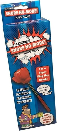 The blue packaging of the Giant 22" Extending Boxing Punch Glove - Snore-no-More! features a cartoon person with a funny extending punch glove on a stick. The text humorously emphasizes its 22-inch reach, promising better sleep with this gag prank joke toy.