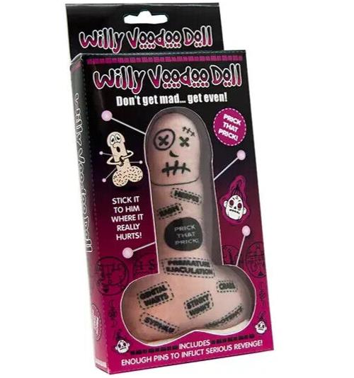 Introducing the Willy Voodoo Doll with Pins - Funny Adult Gag Joke Gift - Prick that Pecker!! This novelty item, complete with several pins, is perfect for humorous, mock revenge purposes. The playful packaging features whimsical text and illustrations, making it an ideal white elephant gift for your next party.