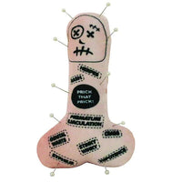 A pink Willy Voodoo Doll with Pins shaped like male genitalia, featuring stitched phrases such as "PRICK THAT PECKER!" and "PREMATURE EJACULATION!"—the perfect gag gift or white elephant gift for your next party.
