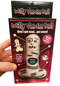 Packaging of the Willy Voodoo Doll with Pins - Funny Adult Gag Joke Gift - Prick that Pecker!!, a hilarious gag gift featuring an image of the doll and cheeky text suggesting revenge. A hand is holding the package, making it perfect for your next white elephant gift exchange.