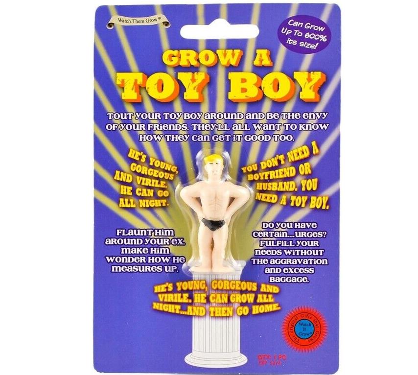 The packaging for "Grow Your Own BOY TOY Boyfriend Sugar Daddy" showcases a small male figure confidently posed on a pedestal, along with humorous text that emphasizes its playful qualities. This gag joke gift offers endless amusement as you witness your very own hunk of a man magically grow in water.