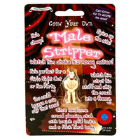 Packaging for the "Grow Your Own Male Stripper Hunk Man! Funny Adult Party Novelty Gag Joke Gift," perfect for a bachelorette party. This easy-to-grow gag gift provides fun attributes such as dancing and stripping. The package features a bright, colorful design to catch your eye at any celebration!