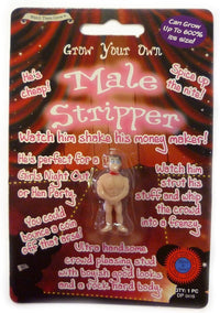 Packaging of a novelty toy labeled "Grow Your Own Male Stripper Hunk Man! Funny Adult Party Novelty Gag Joke Gift," featuring a small figurine that can grow when placed in water, surrounded by colorful graphics and promotional text. Perfect as a gag gift for any bachelorette party, this playful item is sure to bring laughs and entertainment.