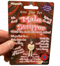 Hand holding a novelty toy package labeled "Grow Your Own Male Stripper Hunk Man! Funny Adult Party Novelty Gag Joke Gift," showcasing a small male figure, ideal as a hilarious gift for bachelorette parties, with promotional text and promises of growing in size when placed in water.