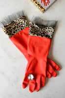 RED LEOPARD Luxury Diamond Glam Latex Gloves Household Washing Cleaning Kitchen