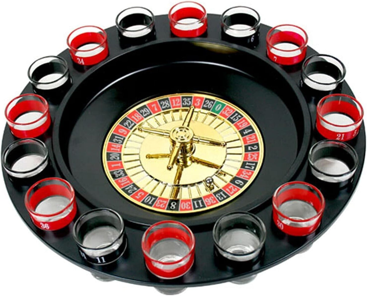 Juego de ruleta para beber en casino - 16 vasos de chupito - ¡Haz tus apuestas y gira para ganar!