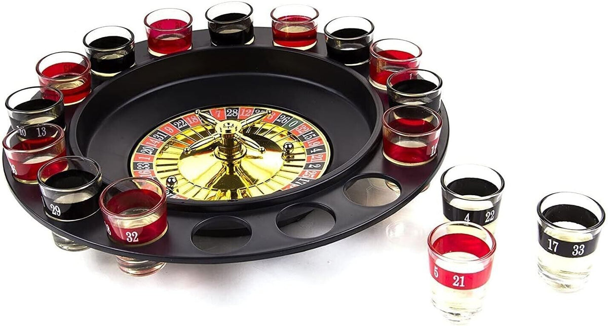 Juego de ruleta para beber en casino - 16 vasos de chupito - ¡Haz tus apuestas y gira para ganar!