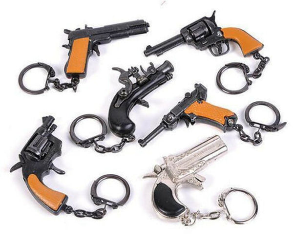 6 Vintage Die-Cast Metal Cap Gun Pistol Key Chains - 80's die cast assortment