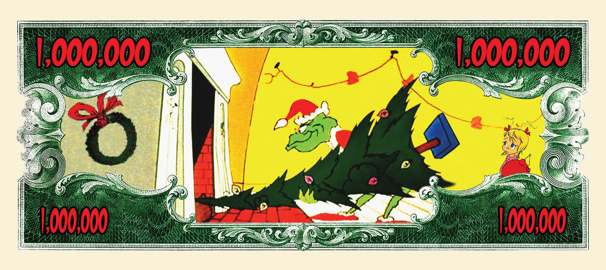 The illustration depicts the Grinch wearing a Santa hat and hauling a Christmas tree, accompanied by a wreath on the left side and another character on the right. This amusing image mirrors novelty money bills labeled "1,000,000," making it an ideal choice for party favor gifts for enthusiasts of the "10 TOTAL - The Grinch Million Dollar Christmas Play Holiday Bills - Put in Cards.