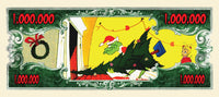 A cartoon illustration of the Grinch in a Santa hat pulling a Christmas tree adorns the Grinch Million Dollar Christmas Play Holiday Bill, ideal as novelty money for party favor gifts.