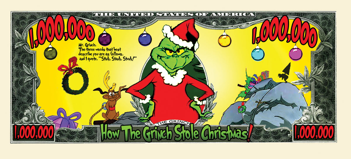 The Grinch Million Dollar Christmas Play Holiday Bill, featuring an illustration of the Grinch on a festive banknote, includes elements from "How The Grinch Stole Christmas" such as ornaments, a sack of presents, and a dog with antlers. These fun novelty money bills are perfect for party favor gifts or to put in cards.