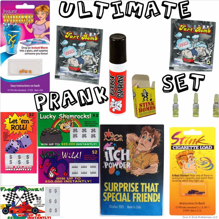 A collection of prank items including instant worms, fart bombs, fake lotto tickets, stink spray, joker itch powder, and more is available as the "Ultimate Prank Set - Stink,Fart Bombs,Fake Lotto,Fart Spray,Worm,Itch Powder,etc.